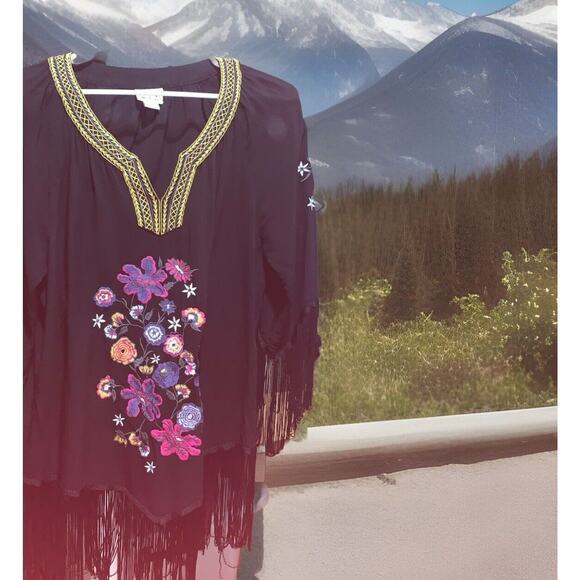 ARIAT Fringe Tunic Women's L Black Embroidered Boho Chic Native American Cowgirl - Picture 9 of 11